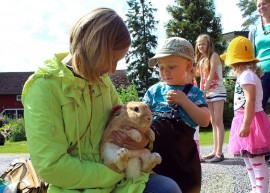 Veikko Onnela, 2, syötti Niina-äidin sylissä olleelle Juuso-pupulle apiloita. – Veikko oli jo ponilla ratsastamassa ja meinasi nukahtaa ponin kyytiin, Niina Onnela kertoi. Kuva: Kiti Salonen