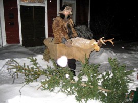 Nuuttipukki ja pois heitetty joulukuusi Uotilan tilalla Harjavallassa. Kuva: Simo Uotila