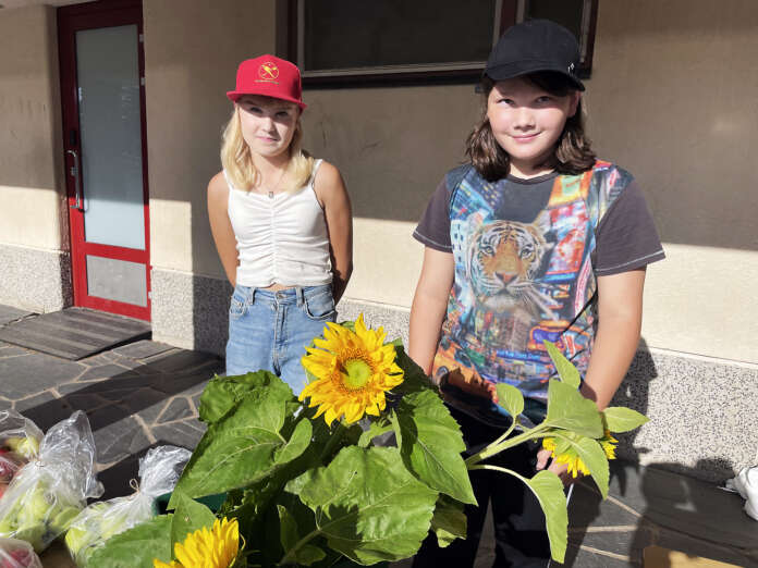 Auringonkukkia ja aurinkoa. 5C-luokkalaiset Iina Jaakkola, 11, ja Myy Vuorio, 11, myivät kukkien lisäksi omenoita, puolukoita ja sieniä. Päivä tuntui tyttöjen mielestä hyvältä ja tuttujakin näki.