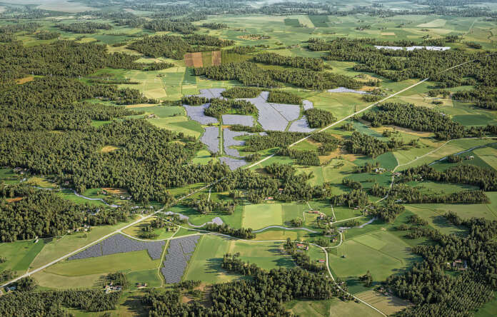 Aurinkovoimalan hankealue muodostuu neljästä erillisestä alueesta, joista pohjoisin sijaitsee koillisnurkassa. Ydinalue sijaitsee Palmusmäessä. Havainnekuvaa halkoo Ysitie, keskellä mutkittelee Koijoki. LL ARKISTO / HAVAINNEKUVA PALMUSMÄEN AURINKOVOIMALASTA, OX2 / VOIMA GRAPHICS